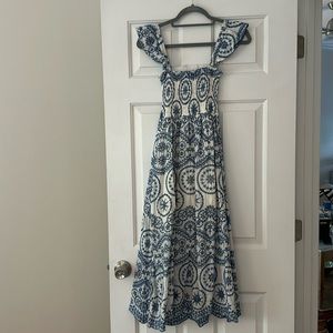 Blue and white eyelet mini dress with ruffle sleeves